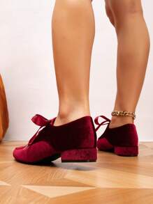 Women's Flat & Chunky Heel Pointed Toe Vintage Style Saddle Shoes, Lace-Up Oxfords, Slip-On Loafers, Block Heel Mary Janes, Black Low Heel British Style Pumps - Burgundy - View 6