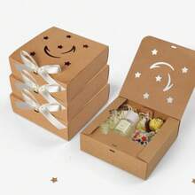 10pcs/Pack Square Kraft Paper Gift Box, Beige Bow Flap Gift Box, Hollowed Out Star And Moon Ramadan Festival Gift Box, Can Be Used For Candies, Party Favors, Holiday Favors, Etc.