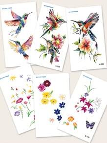 6pcs Colorful Hummingbird & Floral Pattern Temporary Tattoos, Waterproof Body Art Stickers For Men/Women, Daily, Party, Holiday Gift, Finger, Wrist, Shoulder, Neck, Collar Bone