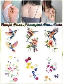 6pcs Colorful Hummingbird & Floral Pattern Temporary Tattoos, Waterproof Body Art Stickers For Men/Women, Daily, Party, Holiday Gift, Finger, Wrist, Shoulder, Neck, Collar Bone