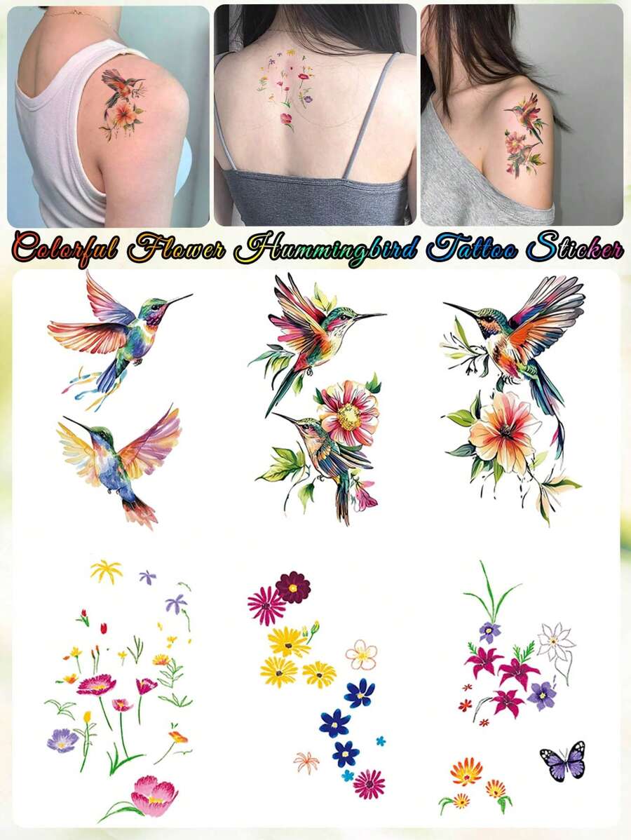 6pcs Colorful Hummingbird & Floral Pattern Temporary Tattoos, Waterproof Body Art Stickers For Men/Women, Daily, Party, Holiday Gift, Finger, Wrist, Shoulder, Neck, Collar Bone