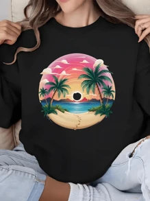Tranquil Tropical Beach Scene Pullover - Fashion Sweatshirts For Women - Soft, Casual, Long Sleeve Crew Neck Design  - Comfortable Women's Clothing For Everyday Wear