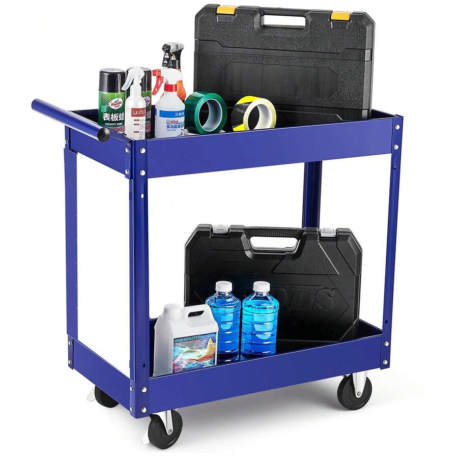 Ataucjin 2 Tier Rolling Tool Cart,330 Lbs Metal Heavy Duty Utility Cart On Wheels,2 Shelf Steel Utility Cart,Industrial Service Cart,Tool Storage Organizer For Mechanic,Garage,Workshop,Warehouse & Repair Shop - 藍色 - 查看 1