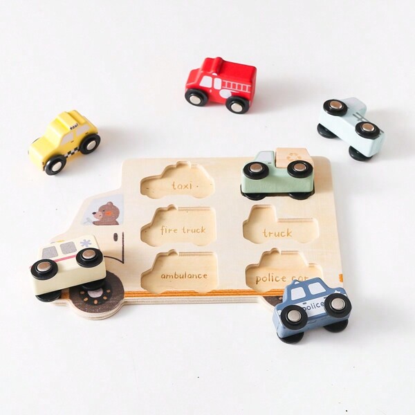 Juguete de rompecabezas de madera 3D de coche para niños, tablero de rompecabezas de coche multifuncional, coches de juguete para empujar y tirar para niños y niñas