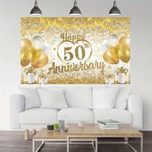 1 pièce, décoration de toile de fond pour le 50e anniversaire de mariage, blanc et or, "Happy 50th Anniversary" (50e anniversaire de mariage heureux), toile de fond dorée pour photographie, utilisée pour la décoration de la fête du 50e anniversaire de mariage, décoration de la maison, décoration de la pièce, studio de photographie.