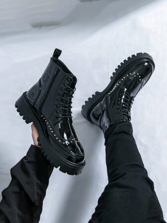 Chelsea Boots Men High-Top Leather Shoes Korean Version British Short Boots Hairstylist Leather Boots Black Business Commuter Formal Shoes British Pointed Toe Plus Size Wedding Groom Oxford Shoes , Men's Cowboy Boots Winter, Shiny High-Top Casual Derby Shoes For Party Fashion Comfortable Summer Black Boots, Handmade Men's Work Boots, Thick Sole Western Boots Spring Straight Tube Boots, Patent Leather Glossy Motorcycle Boots, Autumn Brand Lace-Up Riding Boots