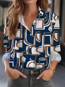 女士 2025 新款数码印花翻领休闲舒适长袖衬衫