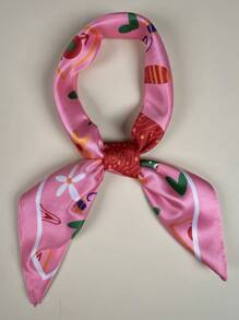 1pc Women's Y2K Eye, Heart, Skull, Snake, Cat Print Elegant Satin Neckerchief Headscarf, Suitable For Dresses - Pink - View 5