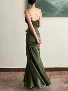 春夏女士时尚优雅休闲吊带连衣裙，复古修身派对生日舞会晚礼服，婚礼宾客礼服 - 墨綠色 - 查看 2