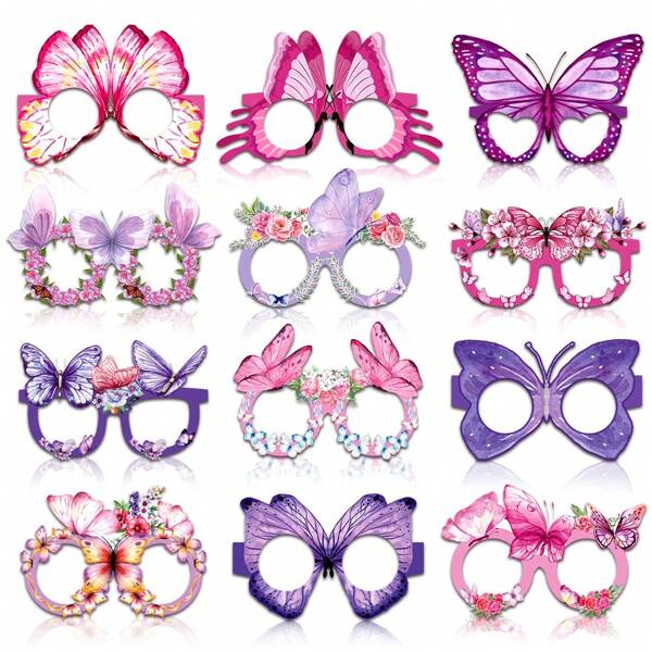 12PCS Floral And Butterfly Design Paper Glasses Butterfly Party Decorations Photo Booth Glasses Frame, Colorful Butterfly Eyeglasses For Butterfly Theme Birthday Party Decorations Supplies