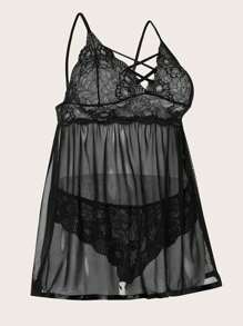 Ensembles de lingerie sexy grande taille pour femmes, Nuisette sexy à dos ouvert en dentelle à lanières