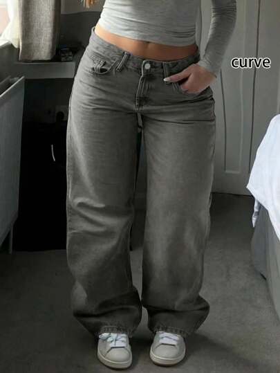 Jeans rectos de cintura elástica media de uso diario, de estilo casual y holgado, talla grande, de moda entre las mujeres europeas y estadounidenses