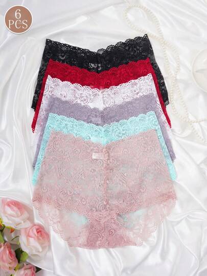 6 件装 女士高腰性感蕾丝边三角内裤