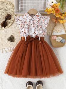 年轻女孩花卉印花荷叶边领无袖撞色网眼连衣裙 + 腰带 - 棕色 - 查看 1