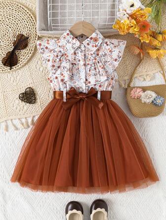 Vestido de niña con estampado floral, cuello con volantes, sin mangas, contraste de malla + cinturón