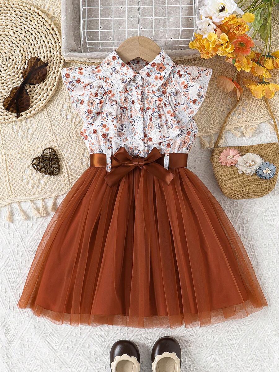 年轻女孩花卉印花荷叶边领无袖撞色网眼连衣裙 + 腰带 - 棕色 - 查看 1
