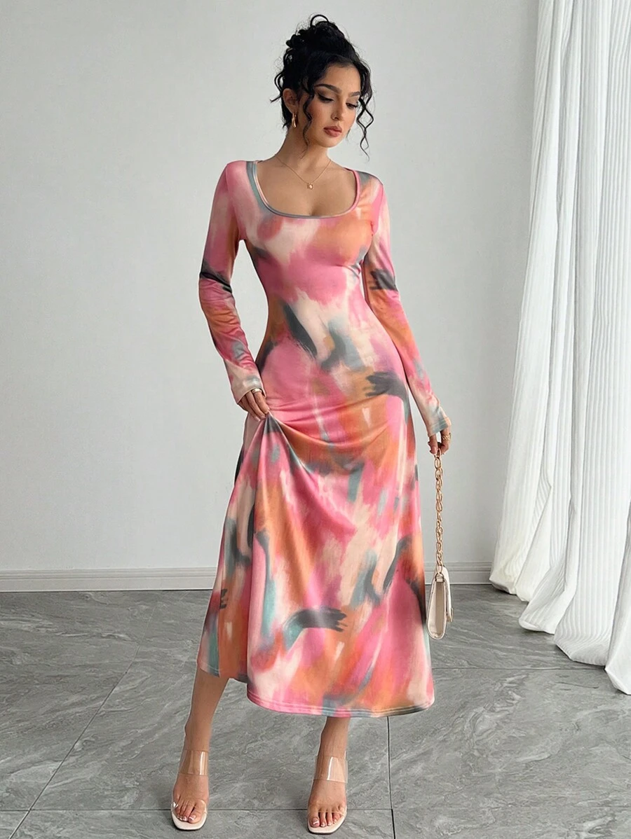 Váy bó sát in họa tiết tie-dye thời trang thu đông cho nữ, cổ tròn, tay dài, eo chun, chân váy xòe, thanh lịch và gợi cảm cho các bữa tiệc, buổi tụ họp, ngày lễ tình nhân - Màu Hồng baby - Xem 1