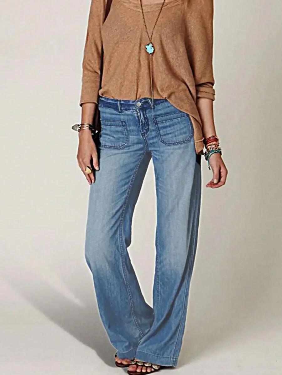 New Women's Retro Fashion Jeans Multi-Pocket Denim Trousers - 淺色水洗藍 - 查看 1