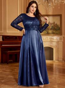 大码女式亮片蕾丝缎面荷叶边优雅舞会礼服，适合舞会、情人节、婚礼宾客、生日、返校节、正式场合、节日等场合的正式礼服 - 藏蓝色 - 查看 7