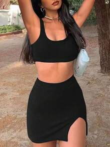 Conjunto de 2 piezas de crop top y mini falda con diseño curvo minimalista, estilo Y2K, nueva colección de primavera/verano - Negro - Ver 3