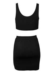 Conjunto de 2 piezas de crop top y mini falda con diseño curvo minimalista, estilo Y2K, nueva colección de primavera/verano - Negro - Ver 4