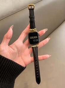 Huastonband 時尚設計師 D 字金色金屬裝飾軟棕色錶帶，適用於 Ultra 2 1 SE S9 8 7 6 5 4 3 2 1 系列，中性替換錶帶，智慧手錶 38mm 40mm 41mm 42mm 44mm 45mm 49mm - 黑色 - 查看 4