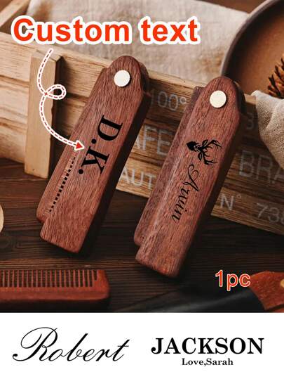 LICVIC 1pc Custom Engraving Text Wooden Beard Comb, Personalized Wooden Beard Folding Comb For Men