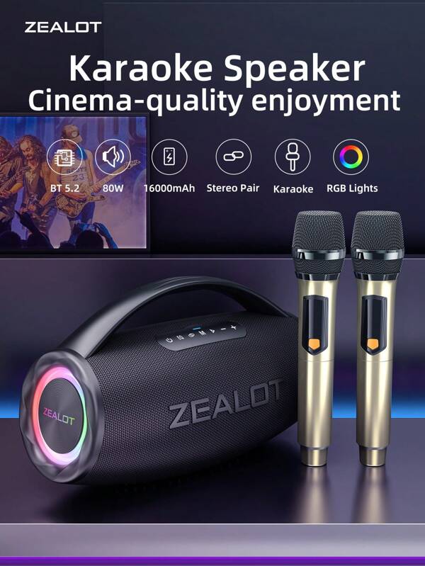 ZEALOT ZEALOT S97M Portable 80W Wireless Microphone Speaker, Surge Bass 3D Surround Sound, 16000mAh Long Battery Life, Supports Mobile Phones/Tablets/TVs. Compatible With SD Card/USB/AUX, Supports Serial Connection Of Two Units To Double The Sound, Suitable For/Car/Outdoor/Camping/Party
