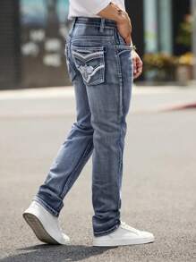 Classic Embroidered Pocket Elastic Men's Jeans - Grey - View 1
