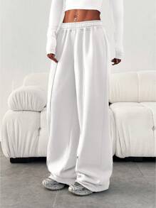 Women's Casual Loose Solid Color Elastic Waist Sweatpants With Pockets - 白色 - 查看 2