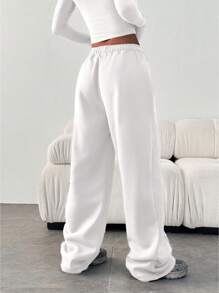 Women's Casual Loose Solid Color Elastic Waist Sweatpants With Pockets - 白色 - 查看 3