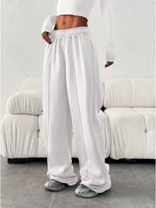 Women's Casual Loose Solid Color Elastic Waist Sweatpants With Pockets - 白色 - 查看 5