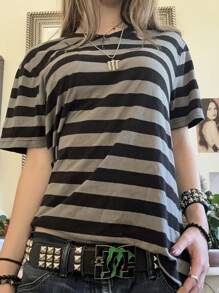 Women Vintage Grunge Top Short Sleeve Striped T-Shirt Goth Emo Tee Shirt Y2K Aesthetic Clothes Harajuku - 灰色 - 查看 3