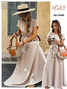 Vestido largo de corte evasé con textura similar al lino y pliegues para mujer - Caqui - Ver 2