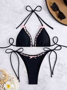 2PCS Women's Sexy Backless Spring Break Beach Resort Swimwear With Bow - Black - View 3
