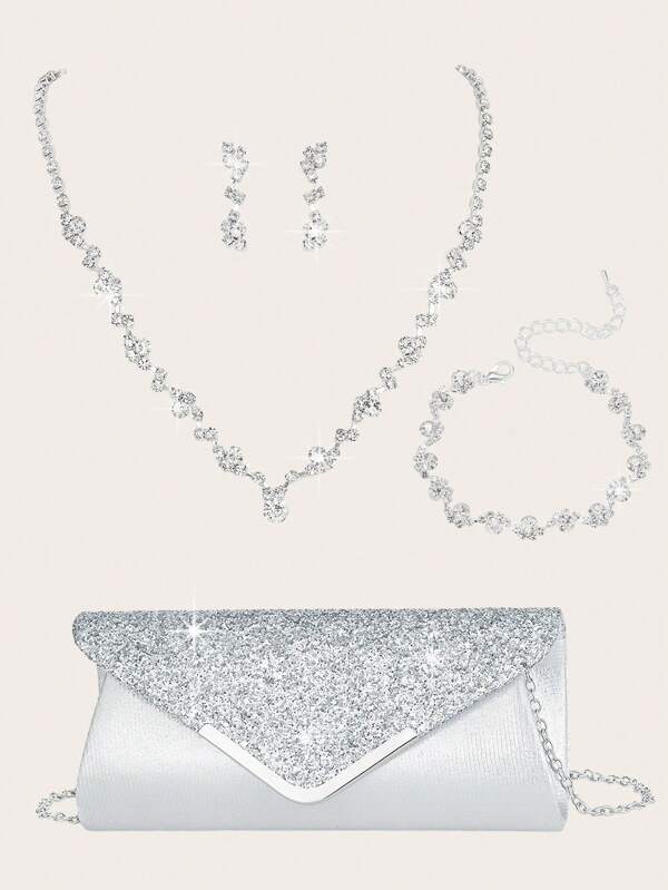 4-Piece Rhinestone Jewelry Set Golden Shiny Necklace Earrings Bracelet Set Women's Evening Dress Clutch Bag Bridal Wedding Shell Elegant Envelope Bag Women's Ball With Detachable Metal Chain Wedding And Party Women's Shoulder Bag Women's Bag Women's Handbag Multi-Functional Glitter Handbag Cocktail Party Wedding New Wallet Banquet Bag