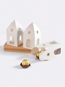 7 Peças Caixas de Presente de Papel Dobrável Transparente com Estrela Branca Oca e Lua, Forma de Castelo Minimalista Embalagem de Biscoito e Doces
