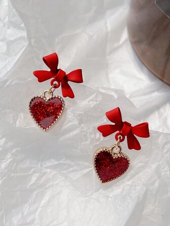 1 Pair Red Bow Heart Shaped Earrings, Valentine's Day Earrings (Card Not Included)