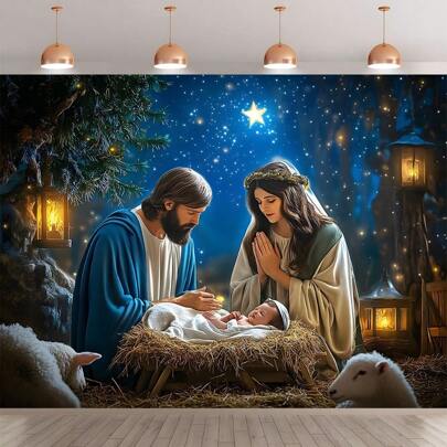 1PC Jesus In The Manger Religious Background Banner, Versatile Decoration For Weddings, Birthdays, Anniversaries, Seasonal Festivals, Easy To Hang Indoor/Outdoor Wall Decoration Event Party Supplies, Photo Studio Props, Indoor And Outdoor Decoration Backdrop Cloth, Multiple Sizes, Multi-Purpose.