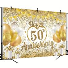 1 pièce, décoration de toile de fond pour le 50e anniversaire de mariage, blanc et or, "Happy 50th Anniversary" (50e anniversaire de mariage heureux), toile de fond dorée pour photographie, utilisée pour la décoration de la fête du 50e anniversaire de mariage, décoration de la maison, décoration de la pièce, studio de photographie.