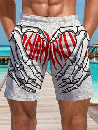 Men's 3D Summer Bone Palm Love Printed Beach Shorts,Hawaiian