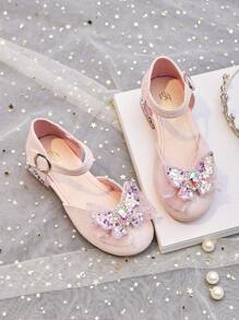 Girls' High Heel Dance Party Shoes, New Spring/Summer Styles, Bow Accent Princess Shoes, Crystal Comfortable Slip-On Flats In Pink & Beige - Pink - View 4