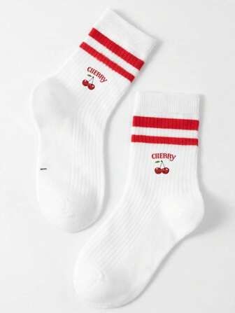 1 Pair Of Children's Socks, Cherry Letter Pattern Boys And Girls Four Seasons Simple Leisure Sports Children's Mid-Tube Socks.