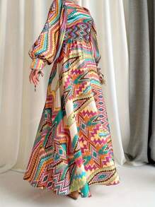 All-Over Print Long Modest Dress, Vacation Lantern Sleeve Round Neck Colorful Waistline