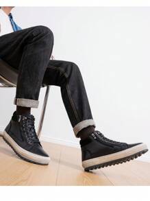 SHOESMALL Men's Leather Casual Black Shoes High Top Fashion Sneakers For Men - AMY5140-黑色 - 查看 4