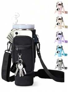 1 pieza de bolsa portadora de botella de agua con bolsillo para teléfono + 1 pieza de funda de pajita de color aleatorio para vaso aislado de 40/30 Oz, funda de botella de agua de neopreno con correa ajustable, gancho para llaves, adecuado como regalo de Navidad, regalo de Año Nuevo