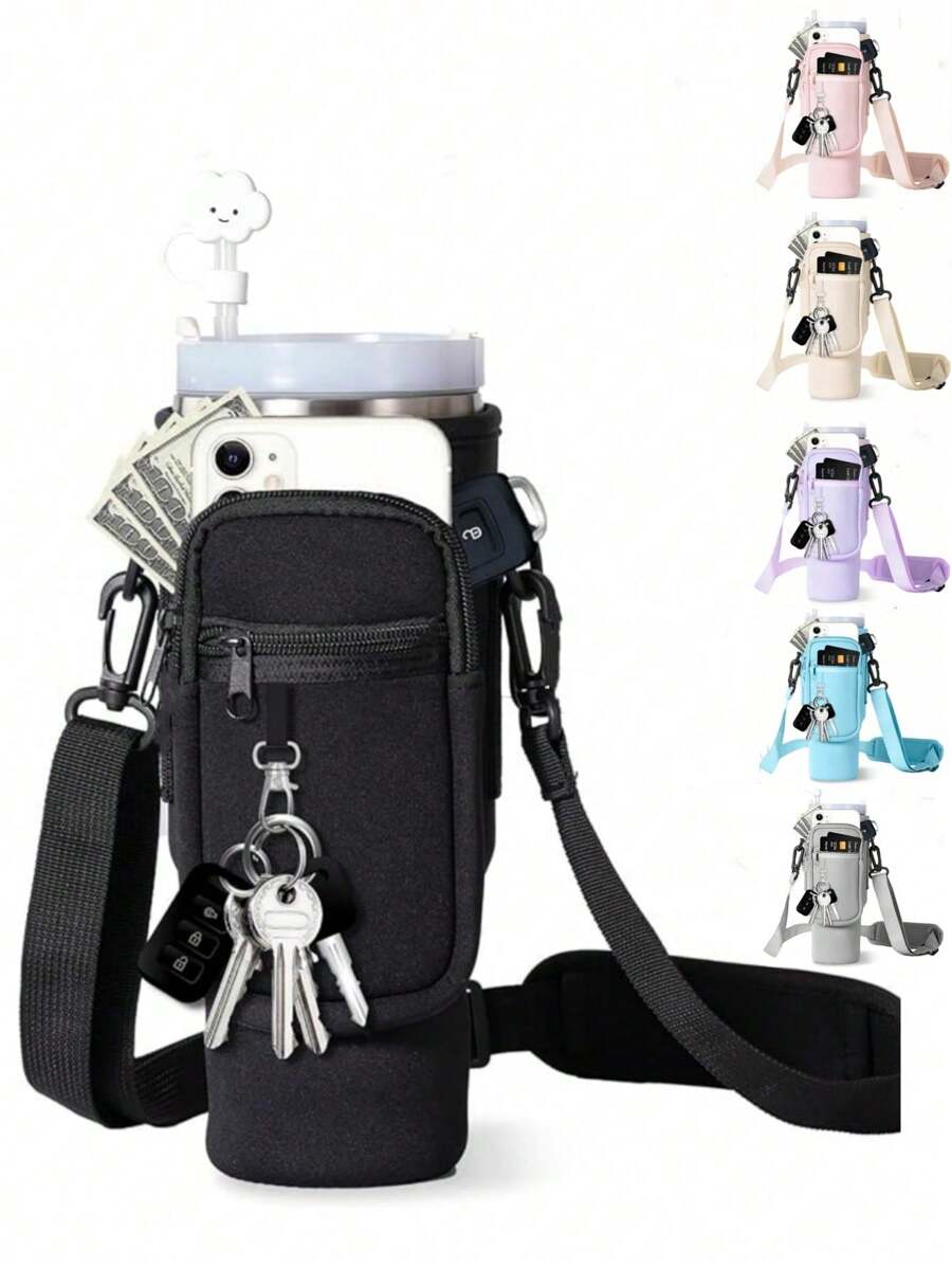 1 pieza de bolsa portadora de botella de agua con bolsillo para teléfono + 1 pieza de funda de pajita de color aleatorio para vaso aislado de 40/30 Oz, funda de botella de agua de neopreno con correa ajustable, gancho para llaves, adecuado como regalo de Navidad, regalo de Año Nuevo