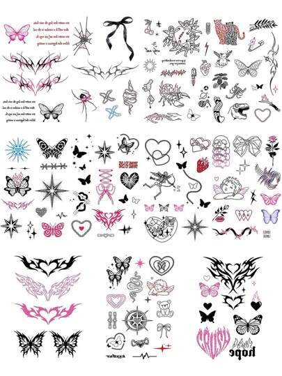 STARTTOOS 4pcs Y2K Punk Style Pink Heart & Bow Design Temporary Tattoos, Fashion Personal Body Art Sticker For Waist, Shoulder, Neck, Chest For Daily Wear, Party, Festival, Gift