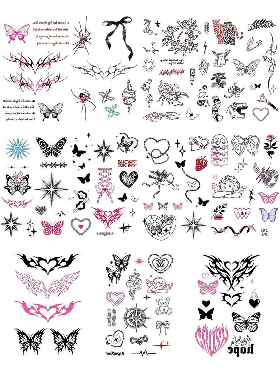 STARTTOOS 4 piezas Tatuajes temporales con diseño de corazón y lazo de estilo punk Y2K, arte corporal personal de moda para la cintura, hombro, cuello, pecho para uso diario, fiesta, festival, regalo