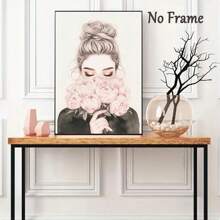 1/4 件女性花卉墙艺术水彩花卉、复古帆布印刷品、手捧鲜花的女性海报、现代抽象女性、帆布墙艺术、女性花卉艺术、女孩房间的审美女性海报、墙壁艺术装饰壁画、家居装饰、海报艺术、帆布墙海报、卧室客厅走廊装饰